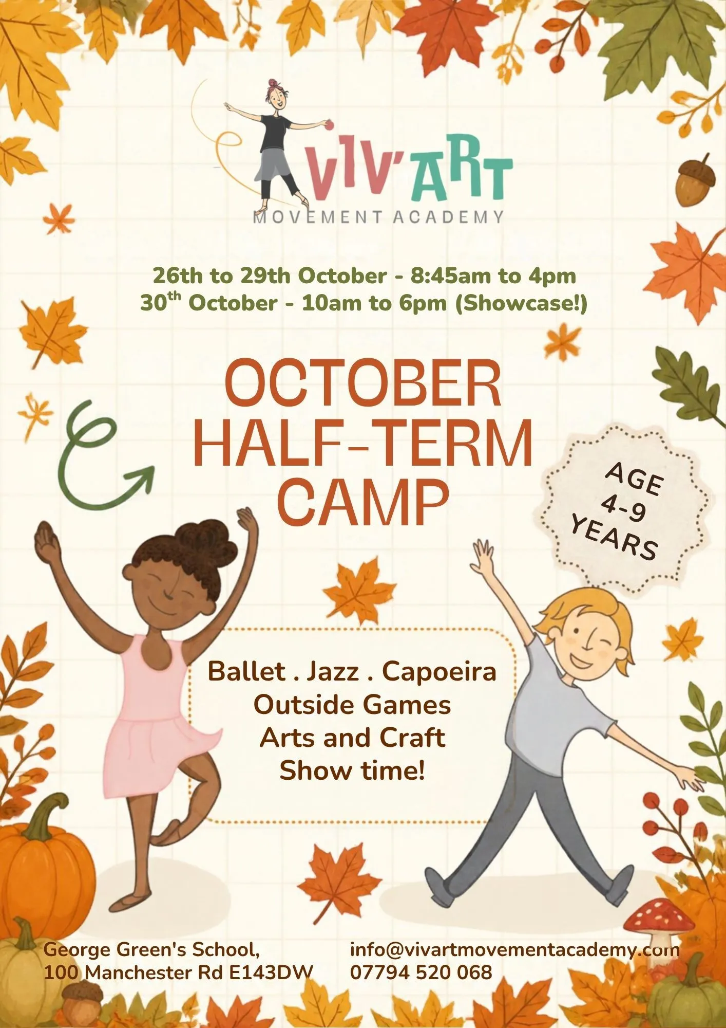 October half-term camp flyer showing movement, creative activities and booking details for children aged 4–9